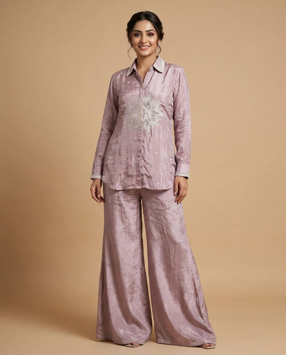 Mauve Chinon Co-ord Set with Embroidered Yoke Detail - Rangoli India