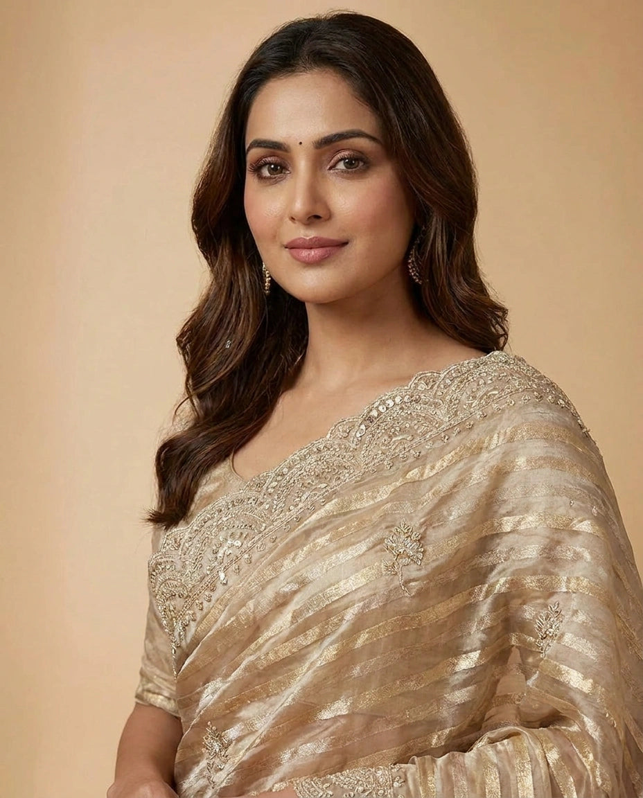 Tissue Saree with Embroidered Scalloped Border for Women - Rangoli India