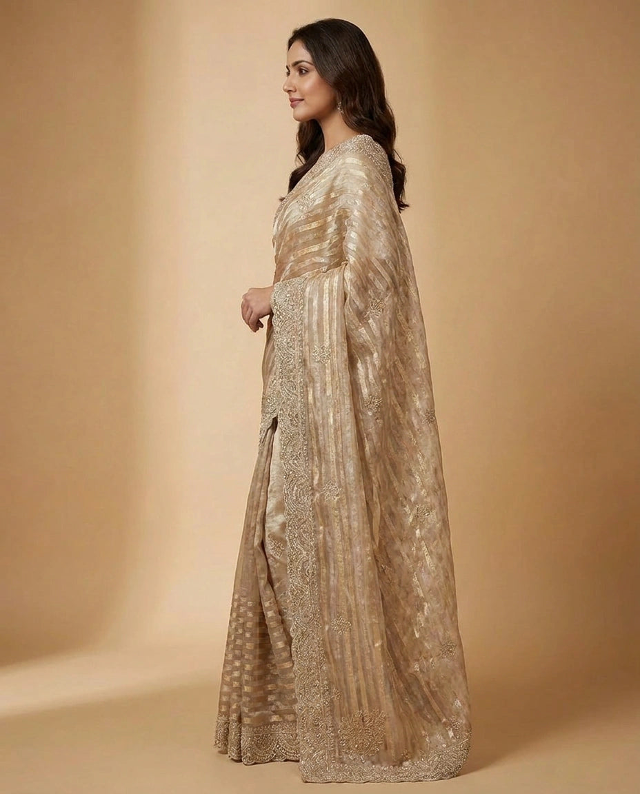 Tissue Saree with Embroidered Scalloped Border for Women - Rangoli India