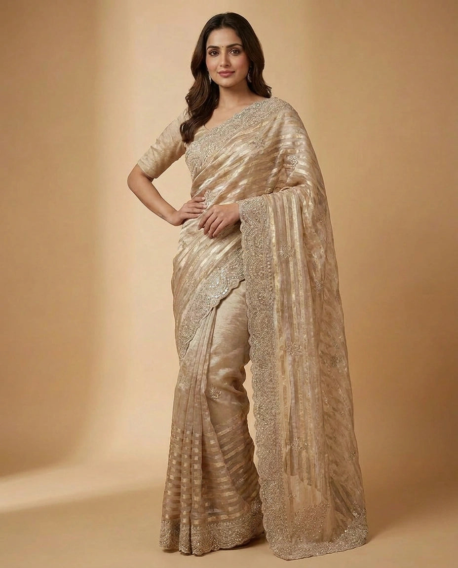 Tissue Saree with Embroidered Scalloped Border for Women - Rangoli India