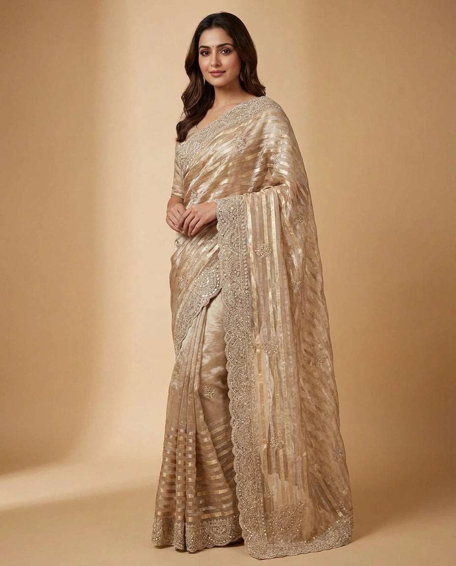 Tissue Saree with Embroidered Scalloped Border for Women - Rangoli India