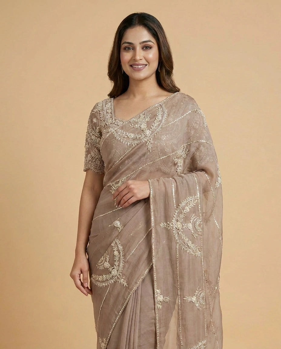 Lavender Organza Embroidered Saree - Rangoli India