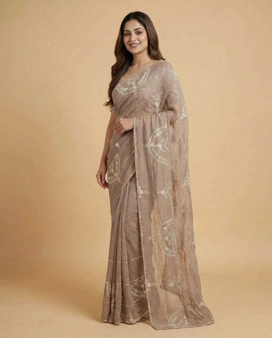Lavender Organza Embroidered Saree - Rangoli India