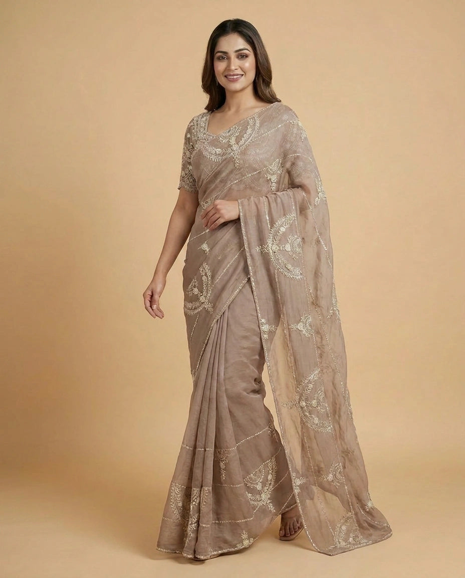 Lavender Organza Embroidered Saree - Rangoli India