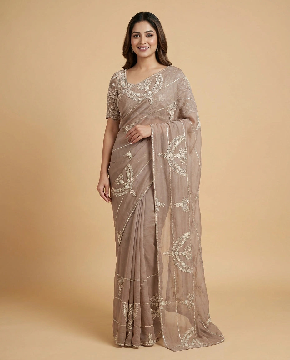 Lavender Organza Embroidered Saree - Rangoli India