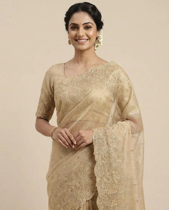 Kota Tissue Embroidered Saree with Floral Border Detail - Rangoli India