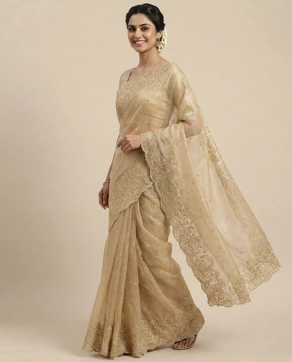 Kota Tissue Embroidered Saree with Floral Border Detail - Rangoli India