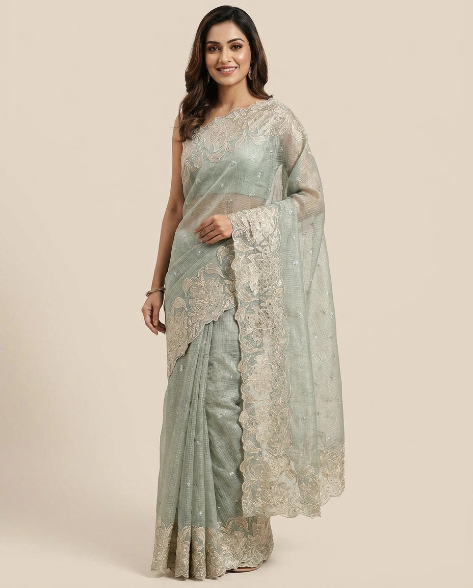 Kota Tissue Embroidered Saree with Floral Border Detail - Rangoli India