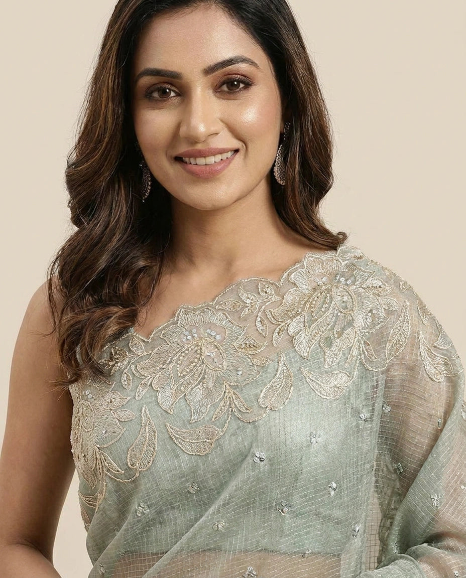 Kota Tissue Embroidered Saree with Floral Border Detail - Rangoli India