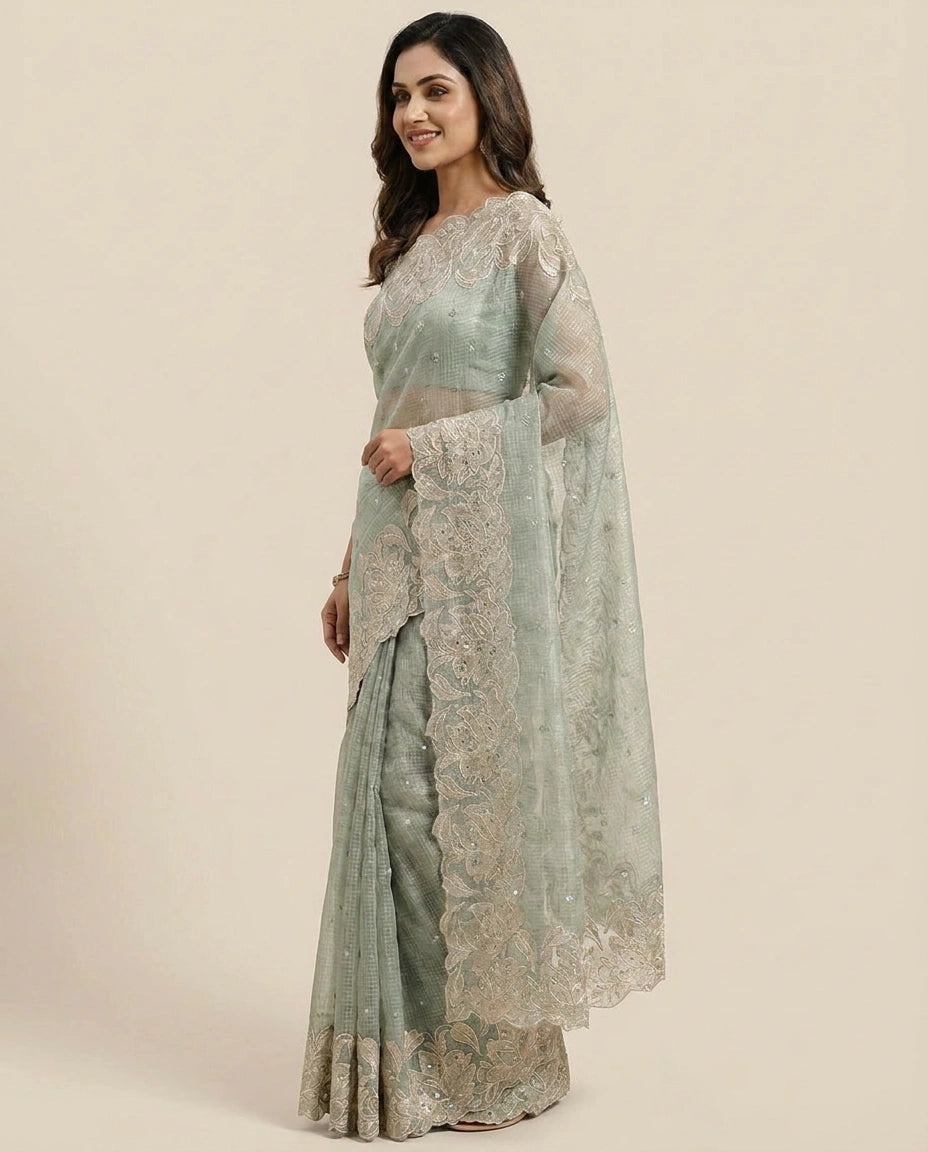 Kota Tissue Embroidered Saree with Floral Border Detail - Rangoli India
