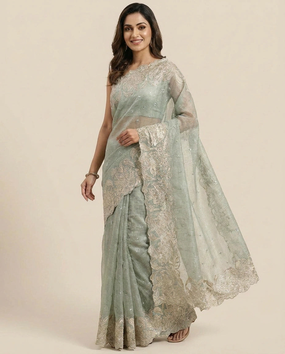 Kota Tissue Embroidered Saree with Floral Border Detail - Rangoli India