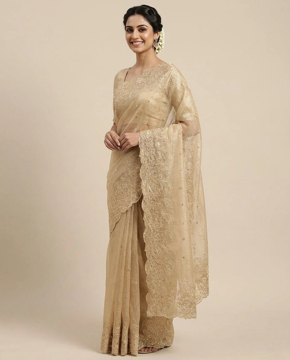 Kota Tissue Embroidered Saree with Floral Border Detail - Rangoli India