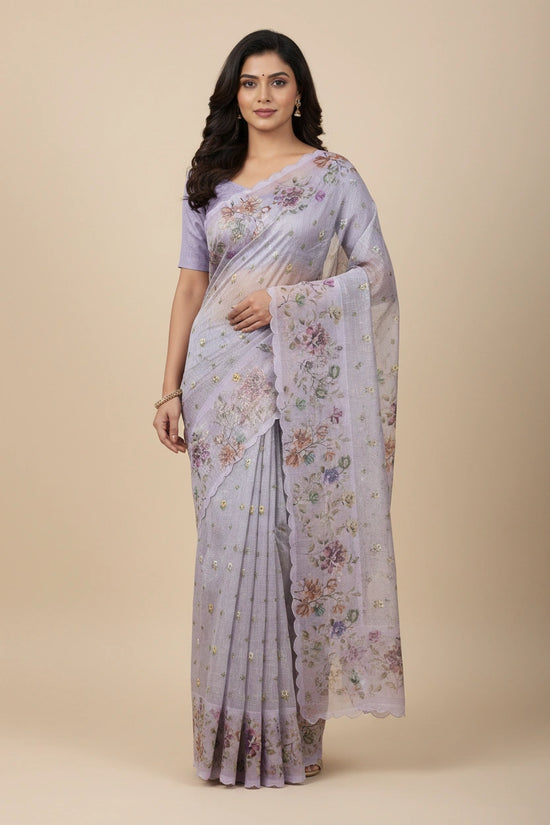 Handcrafted Kota Doria Embroidered Saree - Mauve | Rangoli