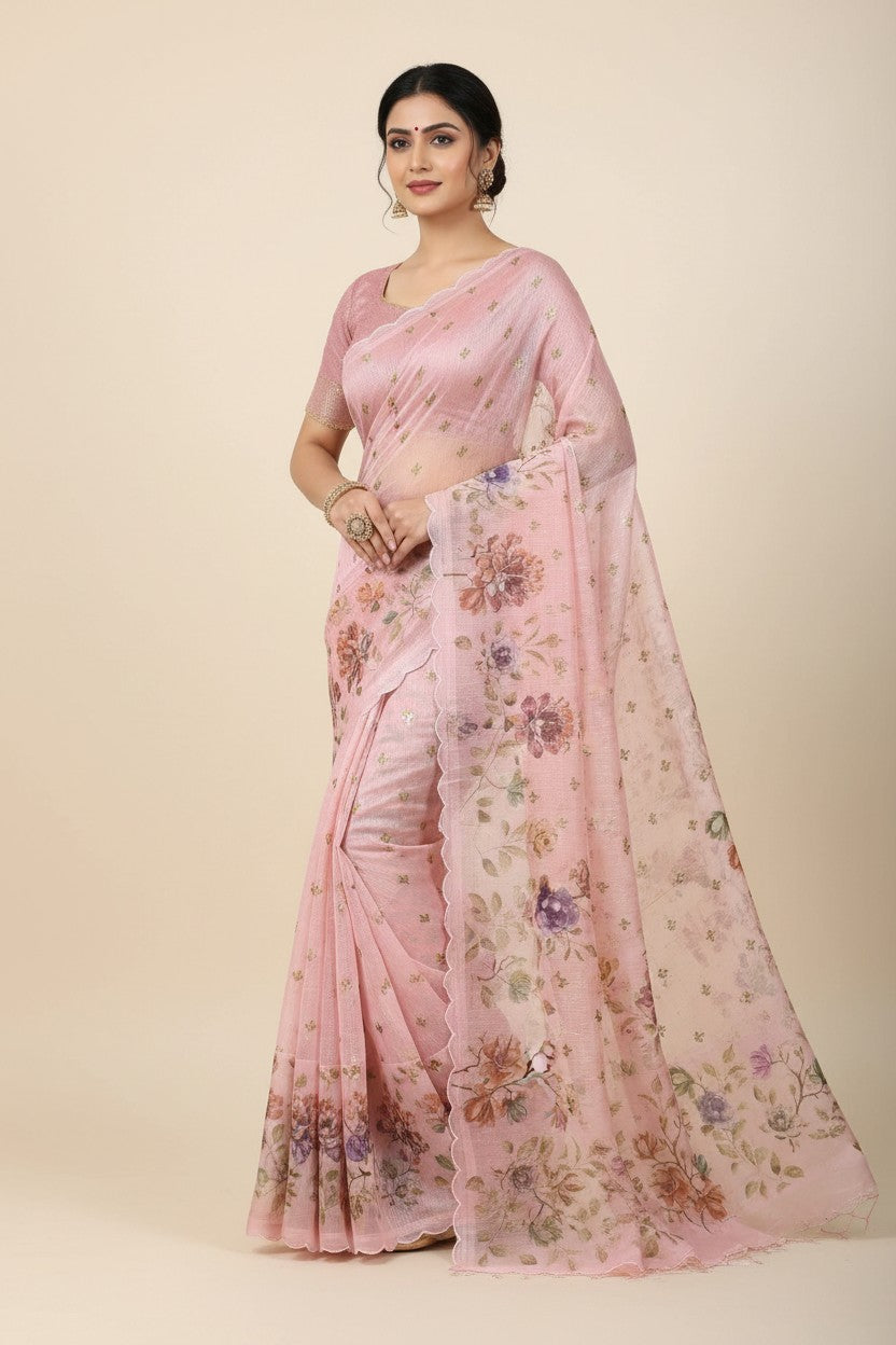 Handcrafted Kota Doria Embroidered Saree - Pink | Rangoli