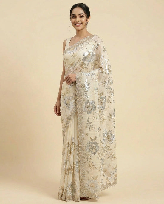 Off White Georgette Saree with Soft Flowing Drape