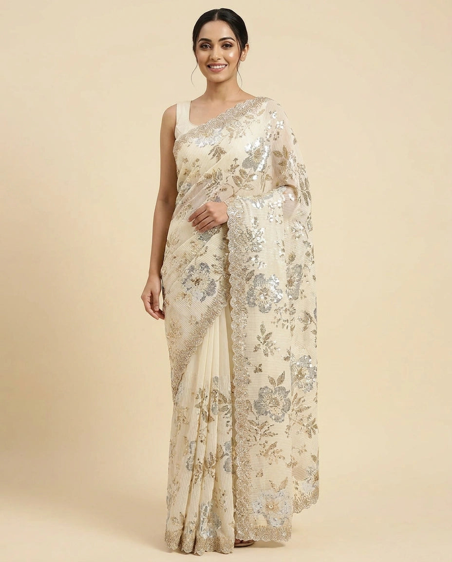 Woman wearing a floral saree with a plain background