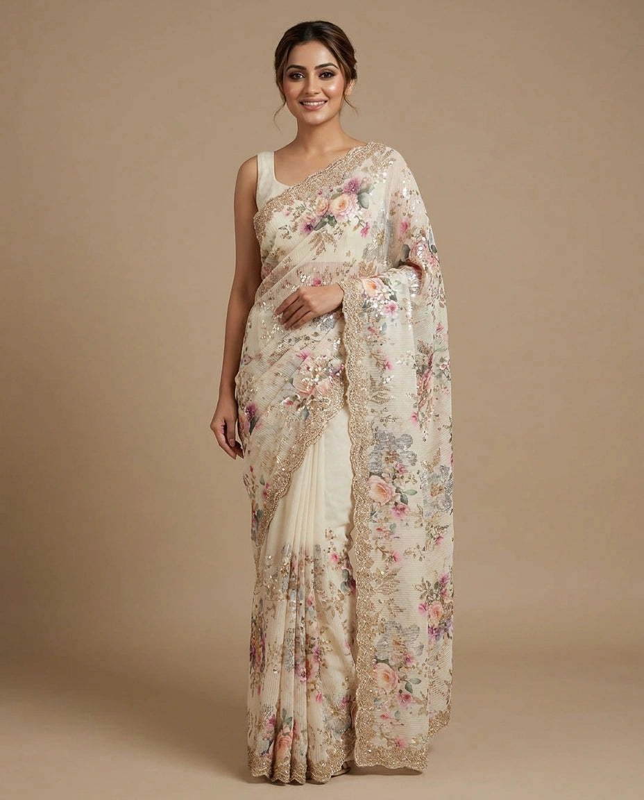 Woman wearing a floral saree against a beige background