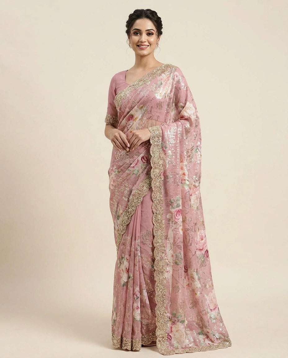 Woman wearing a pink saree with floral patterns on a beige background