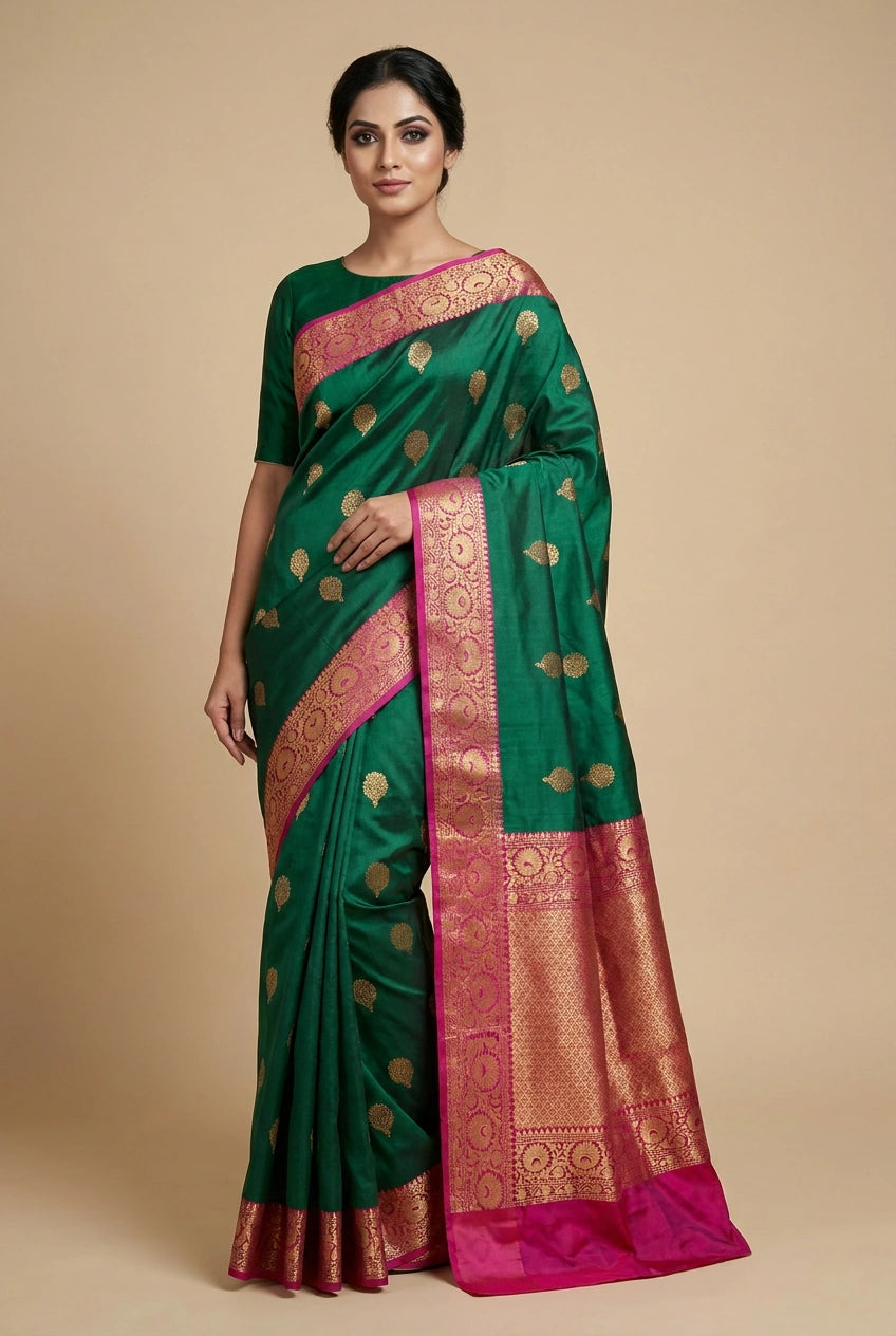 Rama Green/Magenta Katan Silk Banarasi Saree for Reception Evening