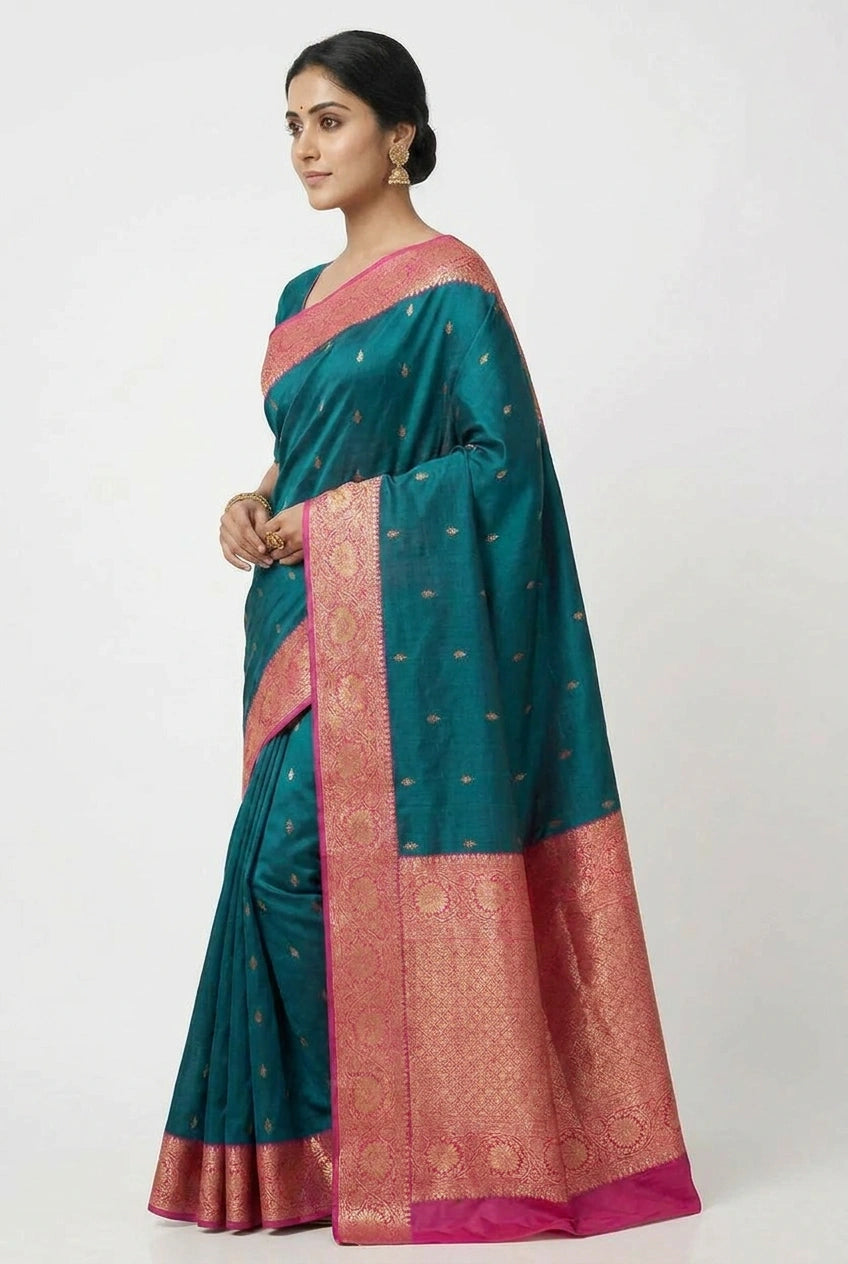Peacock Blue Rani Katan Silk Banarasi Saree by Rangoli