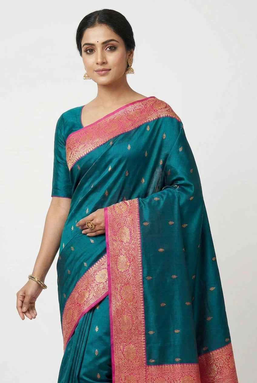 Peacock Blue/Rani Katan Silk Banarasi Saree for Festive Sangeet