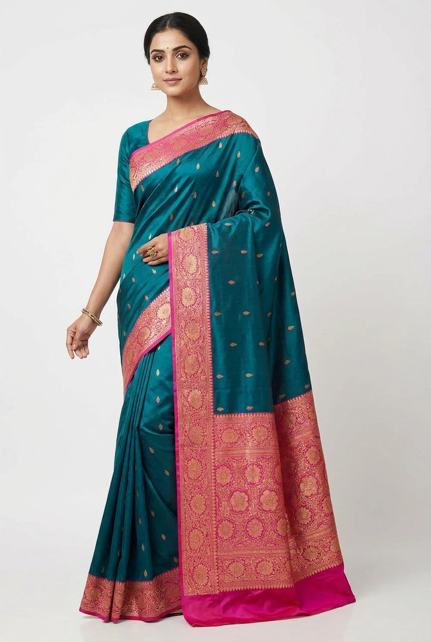 Peacock Blue/Rani Katan Silk Banarasi Saree for Festive Sangeet