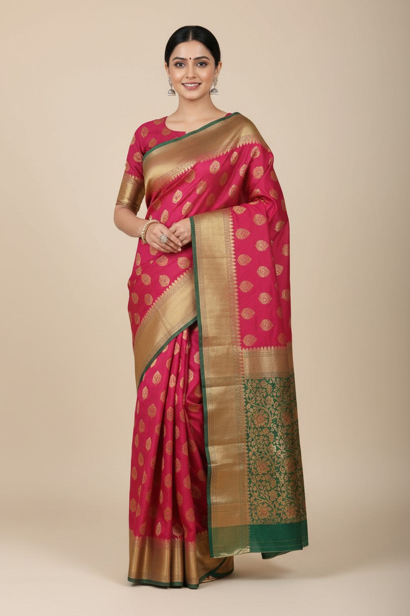 Handcrafted Pure Silk Katan Banarasi Silk Saree - Rani/Firozi | Rangoli