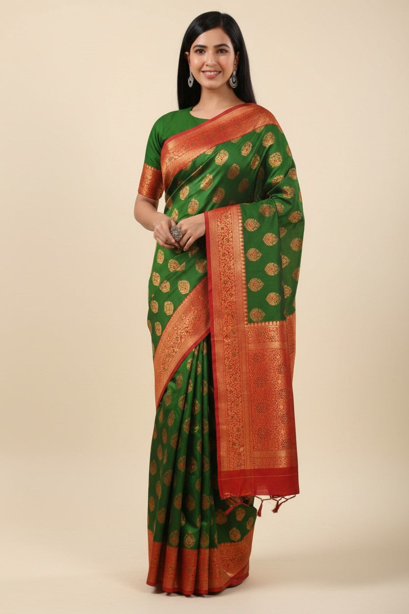 Handcrafted Pure Silk Katan Banarasi Silk Saree - Bottle Green/Red | Rangoli