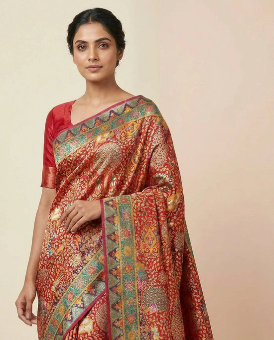 Beige Mashru Silk Banarasi Saree with Real Zari Brocade Weave - Rangoli India