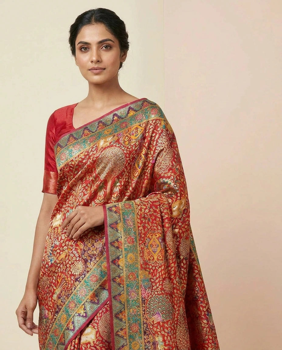 Woman wearing a traditional saree with intricate patterns on a beige background