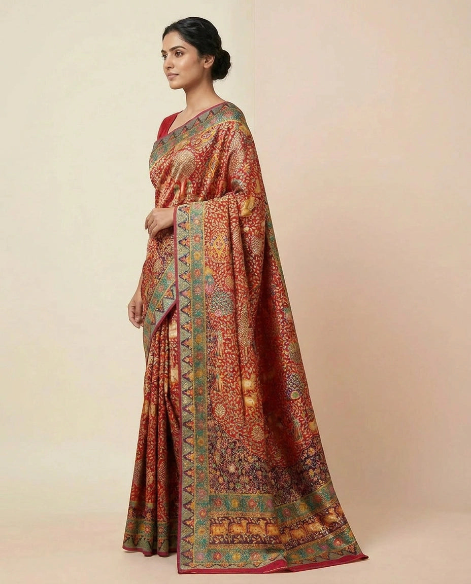Woman wearing a traditional saree with a patterned border on a beige background