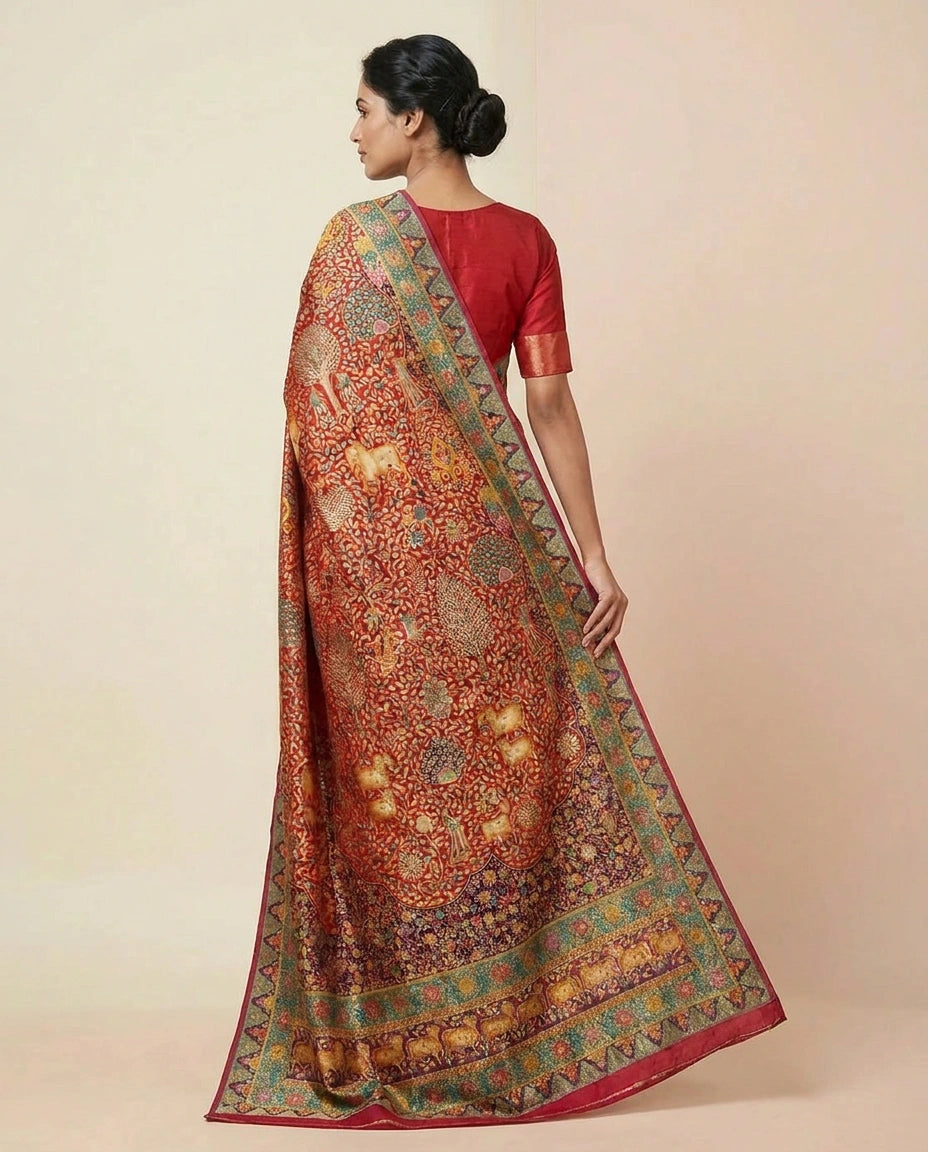 Woman wearing a traditional saree with a patterned design on a beige background