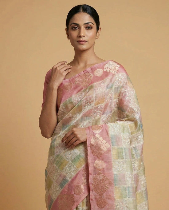 Beige Kota Tissue Saree with Floral Thread Embroidery Border Work - Rangoli India