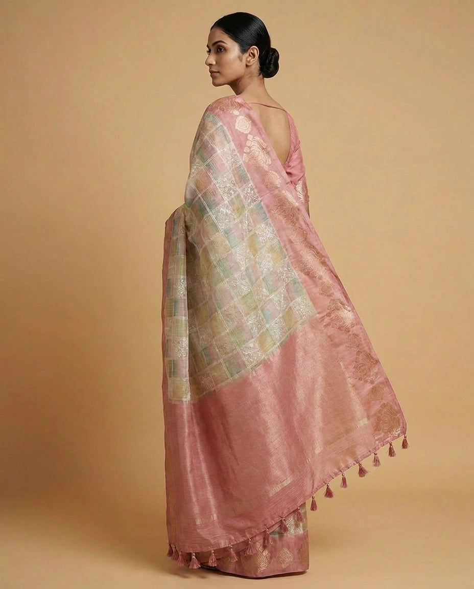 Beige Kota Tissue Saree with Floral Thread Embroidery Border Work - Rangoli India