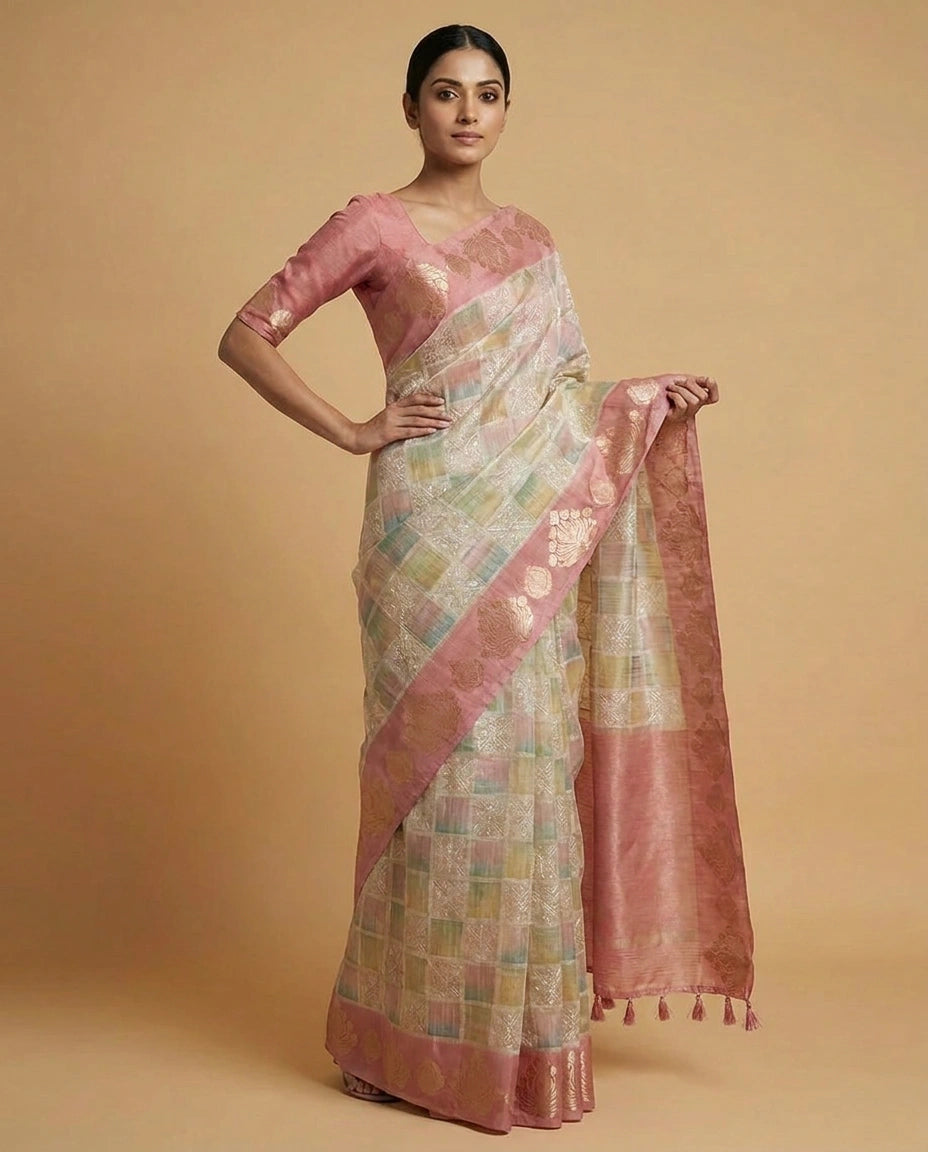 Beige Kota Tissue Saree with Floral Thread Embroidery Border Work - Rangoli India