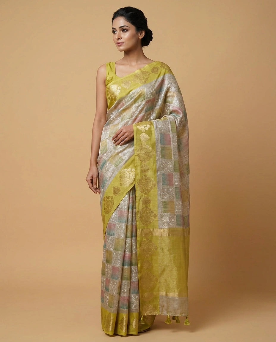 Beige Kota Tissue Saree with Floral Thread Embroidery Border Work - Rangoli India
