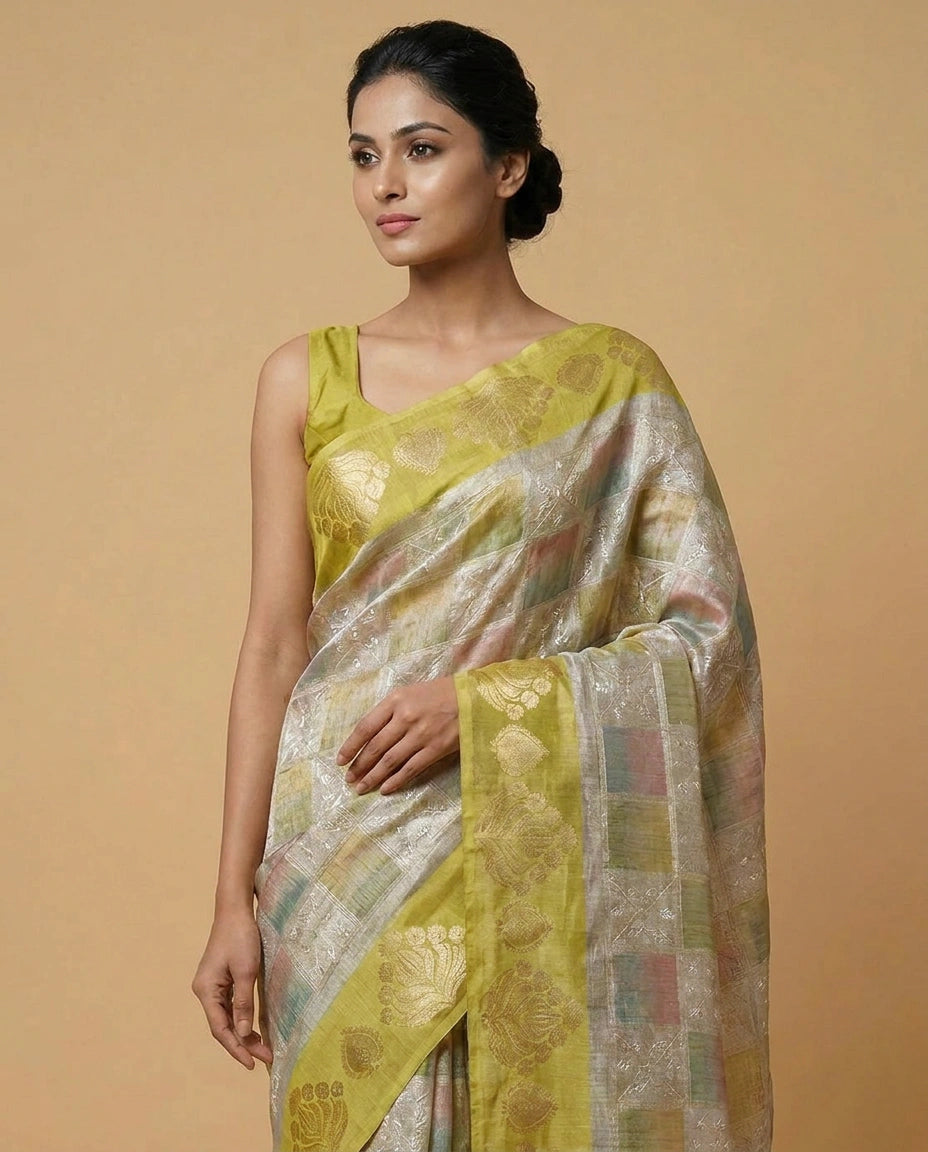 Beige Kota Tissue Saree with Floral Thread Embroidery Border Work - Rangoli India