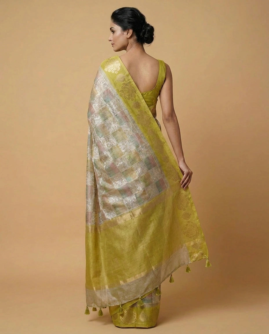 Beige Kota Tissue Saree with Floral Thread Embroidery Border Work - Rangoli India
