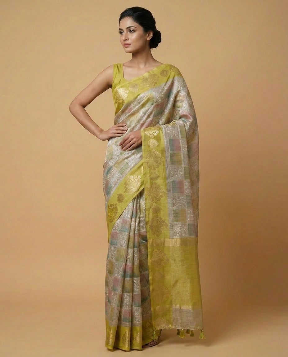 Beige Kota Tissue Saree with Floral Thread Embroidery Border Work - Rangoli India