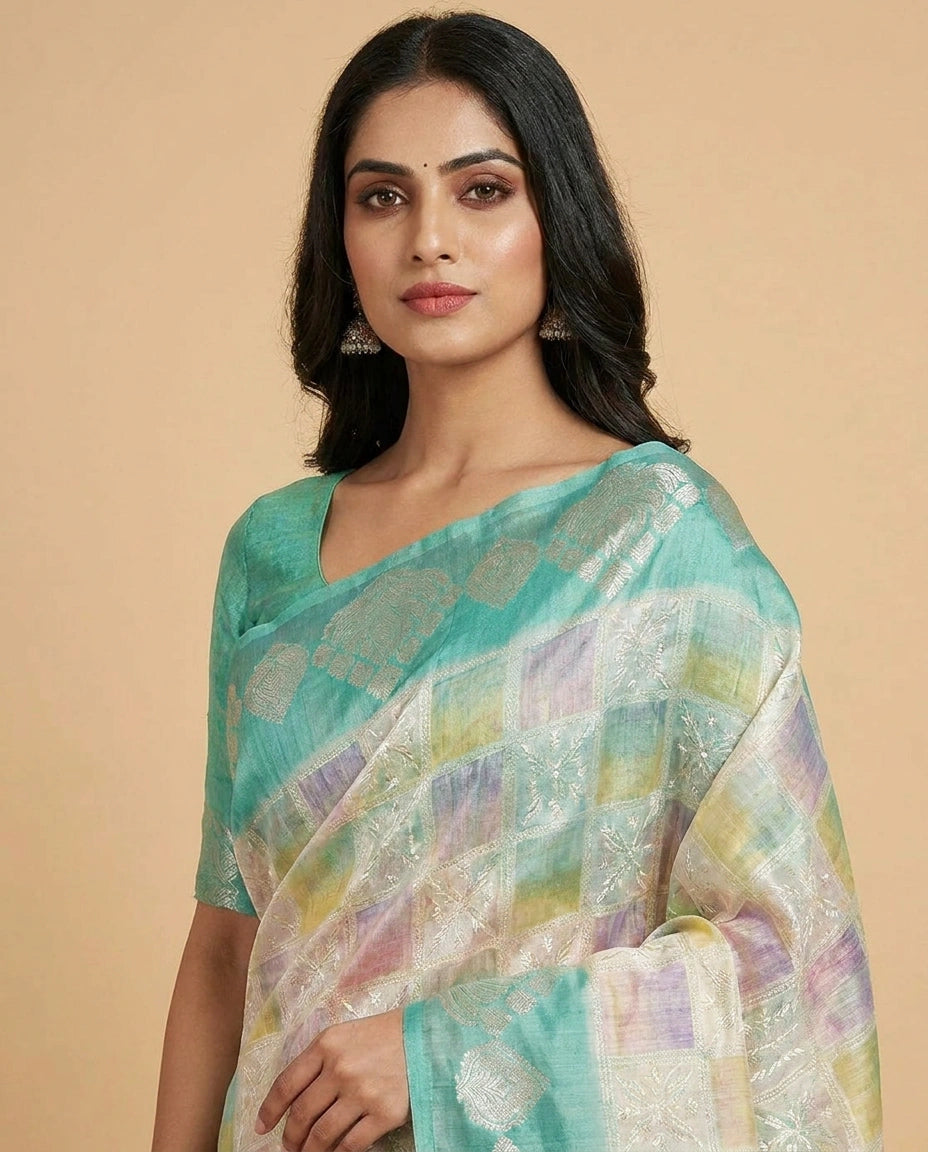 Beige Kota Tissue Saree with Floral Thread Embroidery Border Work - Rangoli India