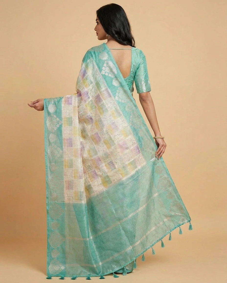 Beige Kota Tissue Saree with Floral Thread Embroidery Border Work - Rangoli India