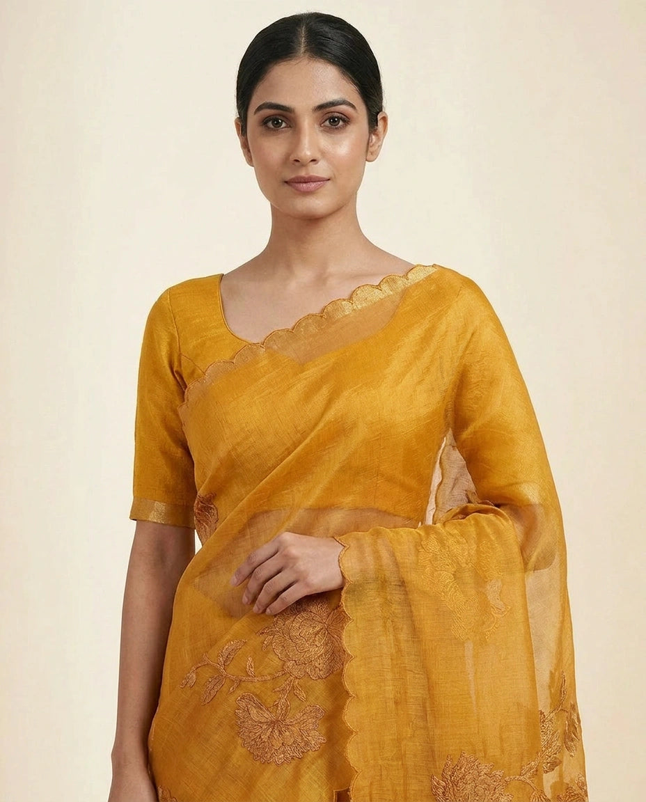 Kota Doria Saree with Fine Needlework Floral Embroidery view 2