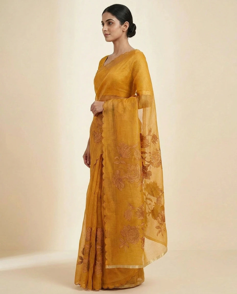 Kota Doria Saree with Fine Needlework Floral Embroidery view 3
