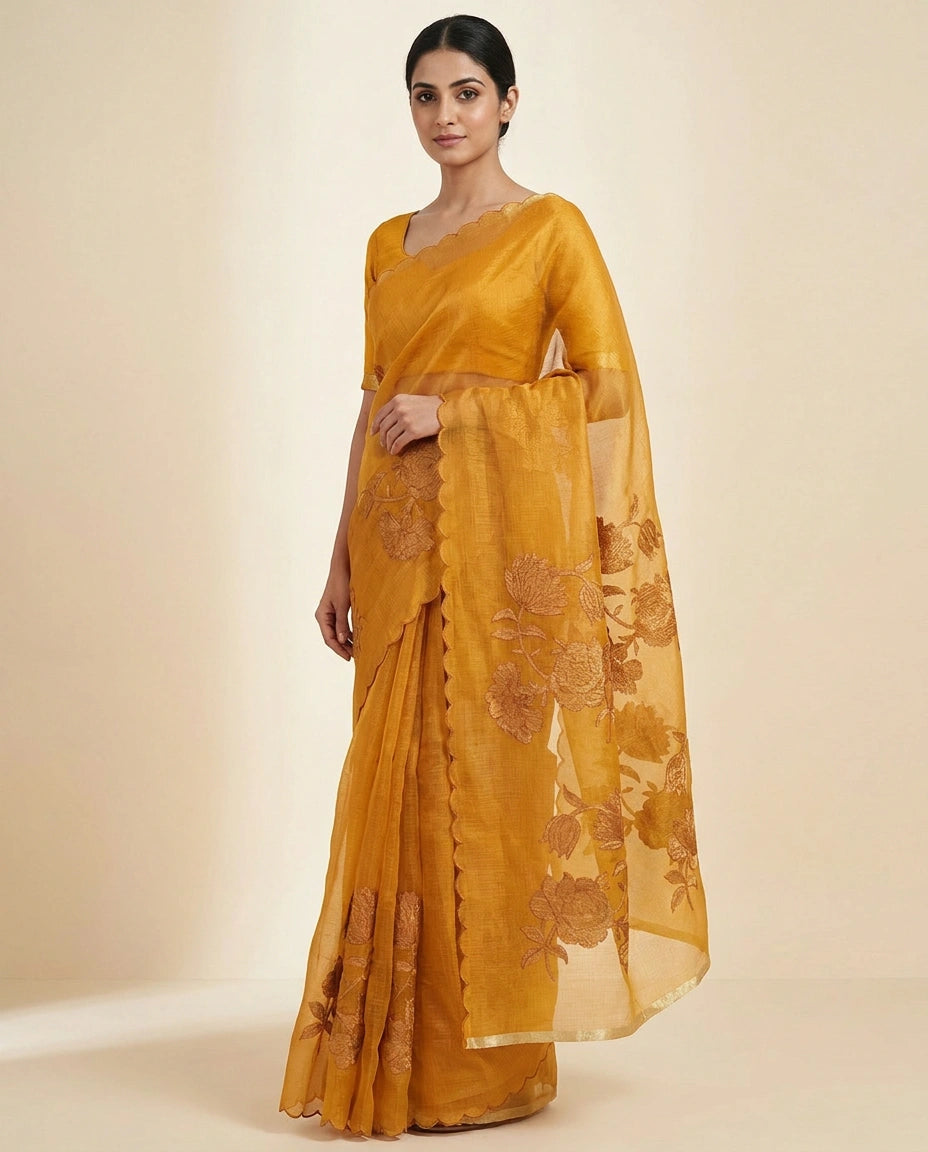 Kota Doria Saree with Fine Needlework Floral Embroidery view 4