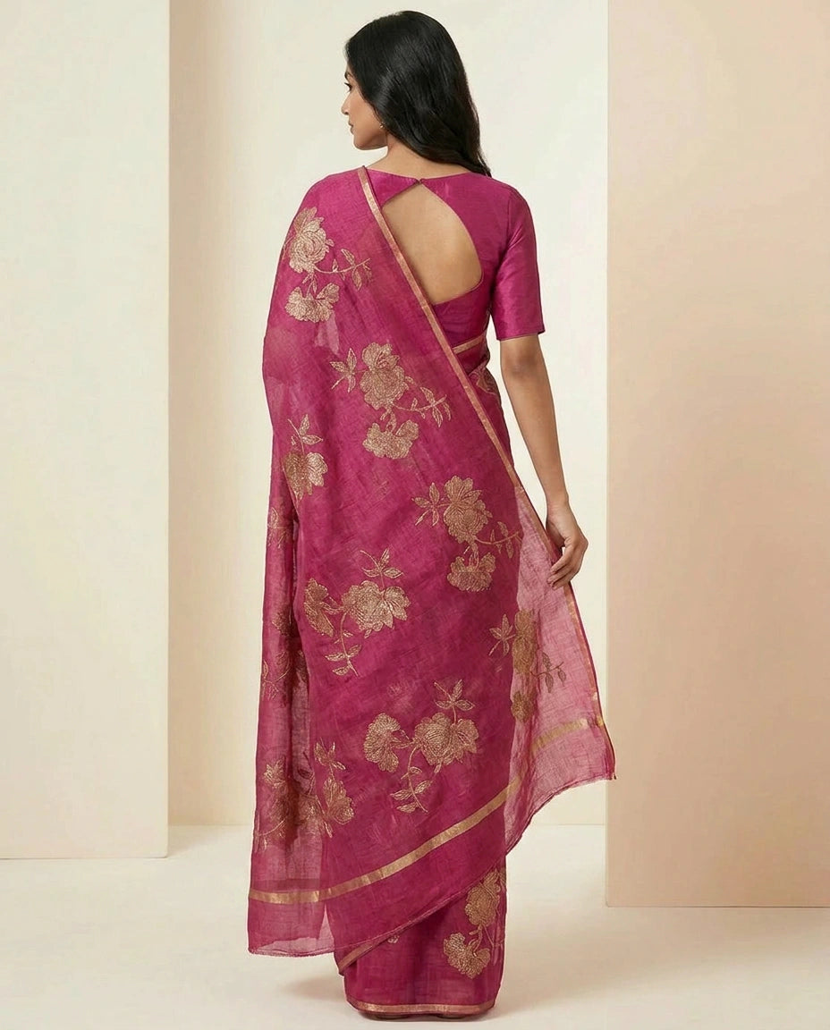 Kota Doria Saree with Fine Needlework Floral Embroidery view 5