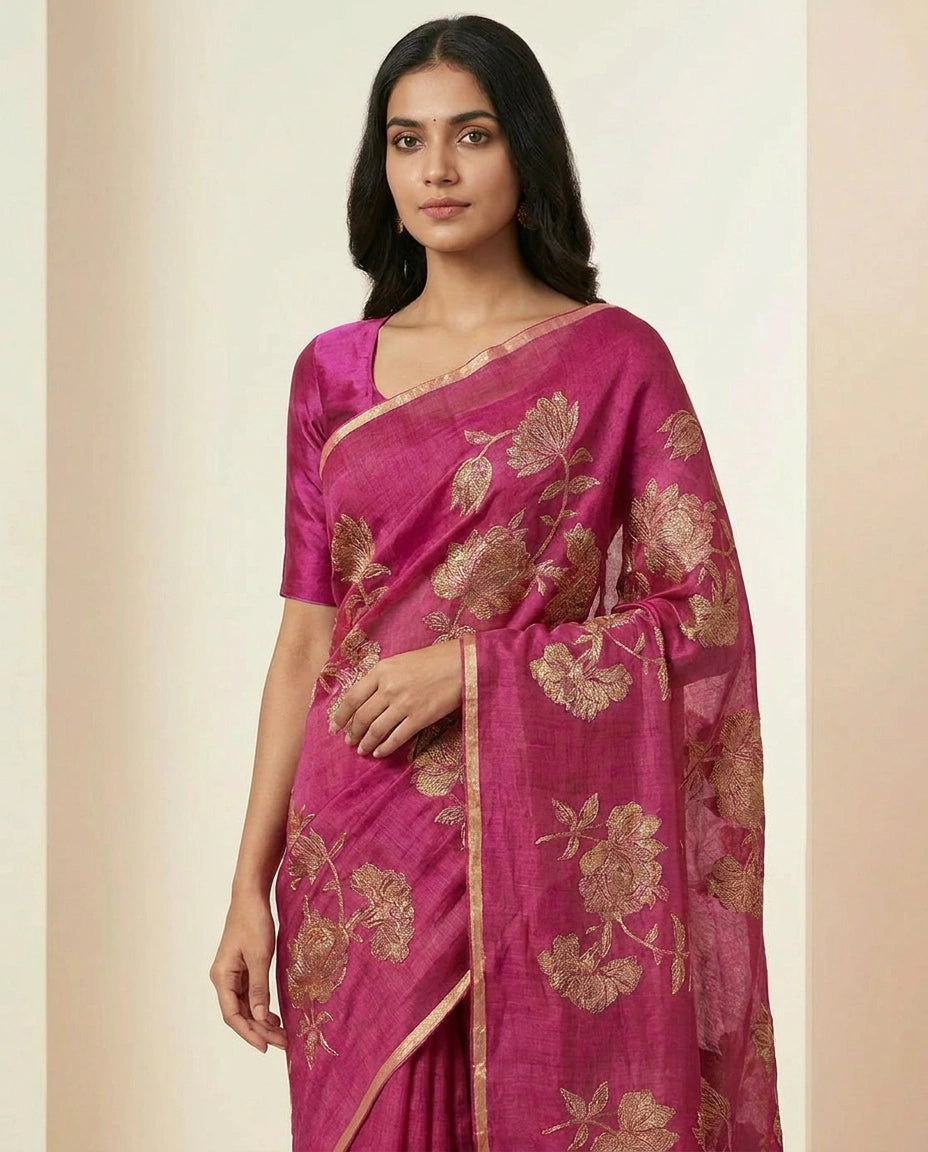 Kota Doria Saree with Fine Needlework Floral Embroidery view 6
