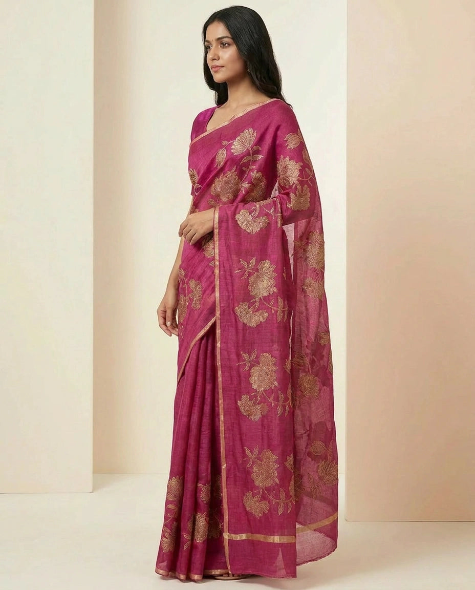 Kota Doria Saree with Fine Needlework Floral Embroidery view 7