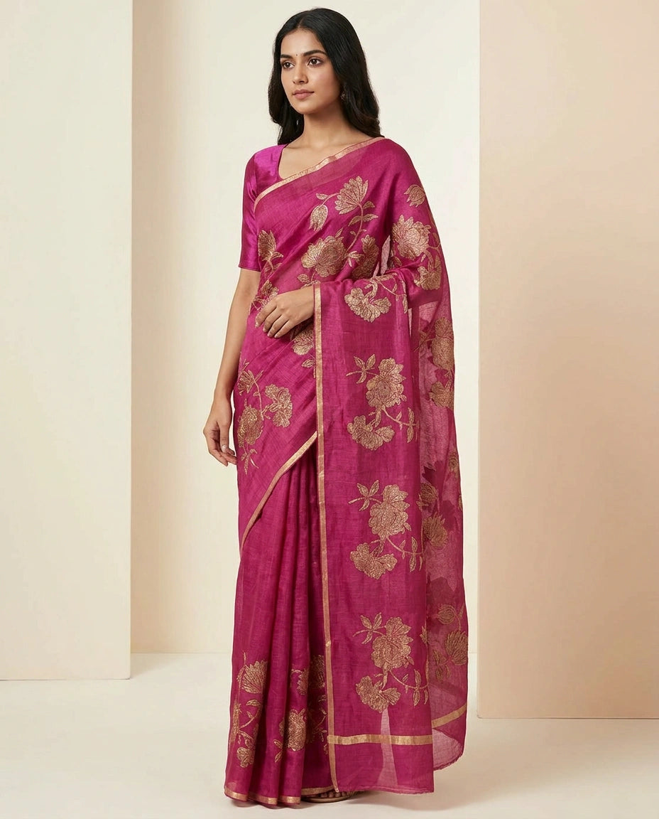 Kota Doria Saree with Fine Needlework Floral Embroidery view 8