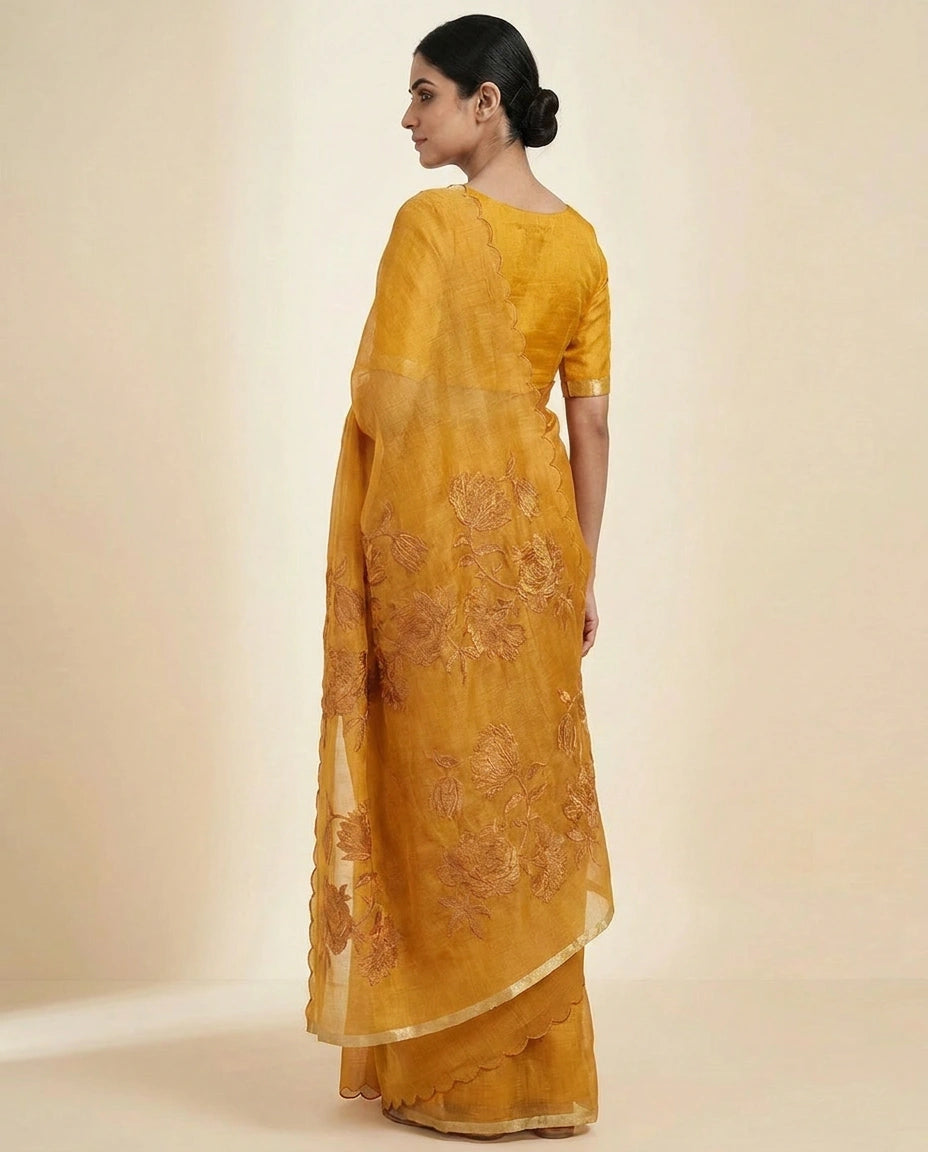 Orange Kota Doria Saree with Fine Needlework Floral Embroidery