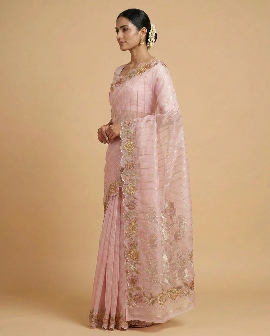 Kota Saree with Aari Hook Embroidery and Resham Floral Work view 3